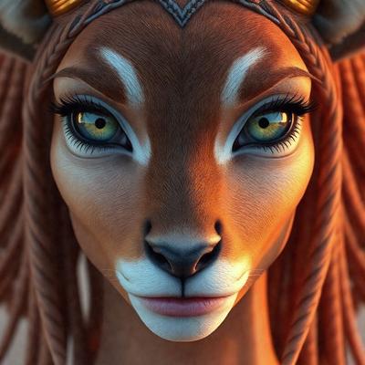 The primary subject of the image is a deer with a golden crown on its head. The deer is wearing a golden crown and has a pair of golden horns. The setting is a digital artwork, and the visual style is a combination of photo and digital art. The colors and mood of the image are warm and vibrant, with the golden crown and horns adding a touch of elegance and sophistication to the deer's appearance.
